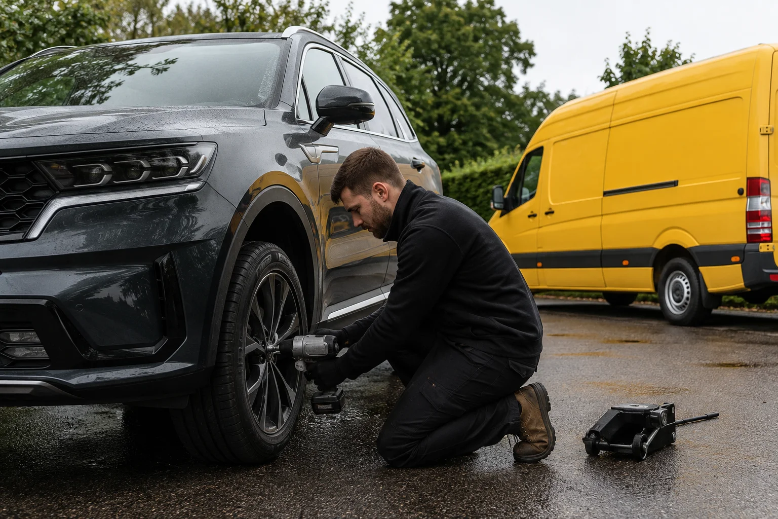 Illustration of a mobile tyre fitter working beside a vehicle and yellow service van